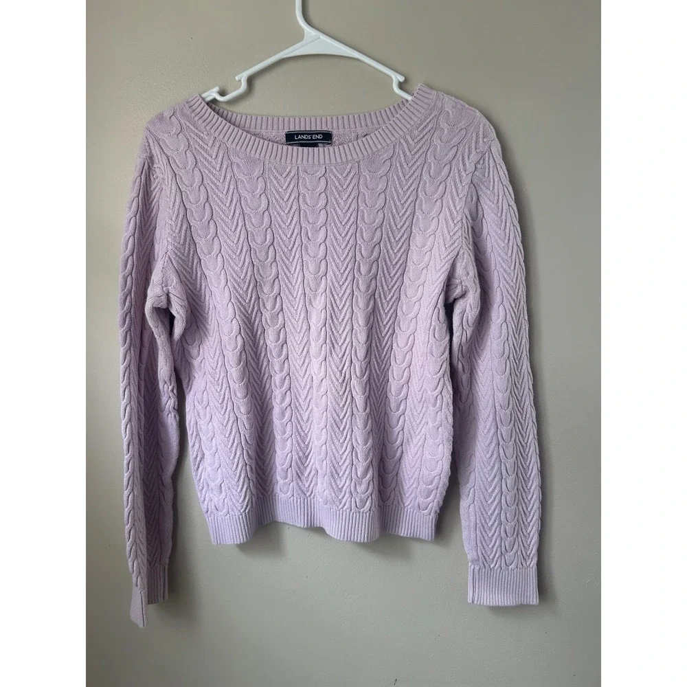 Lands End Lavender Cable Knit Cotton Sweater Size S P Women Crew‎ Neck Classic